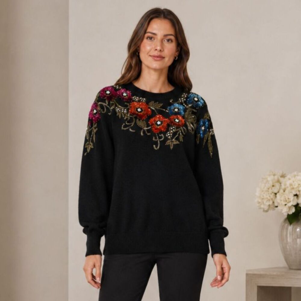 JJ Fargo Vintage Floral Embroidered Sequin Knit Sweater Women’s Size Medium